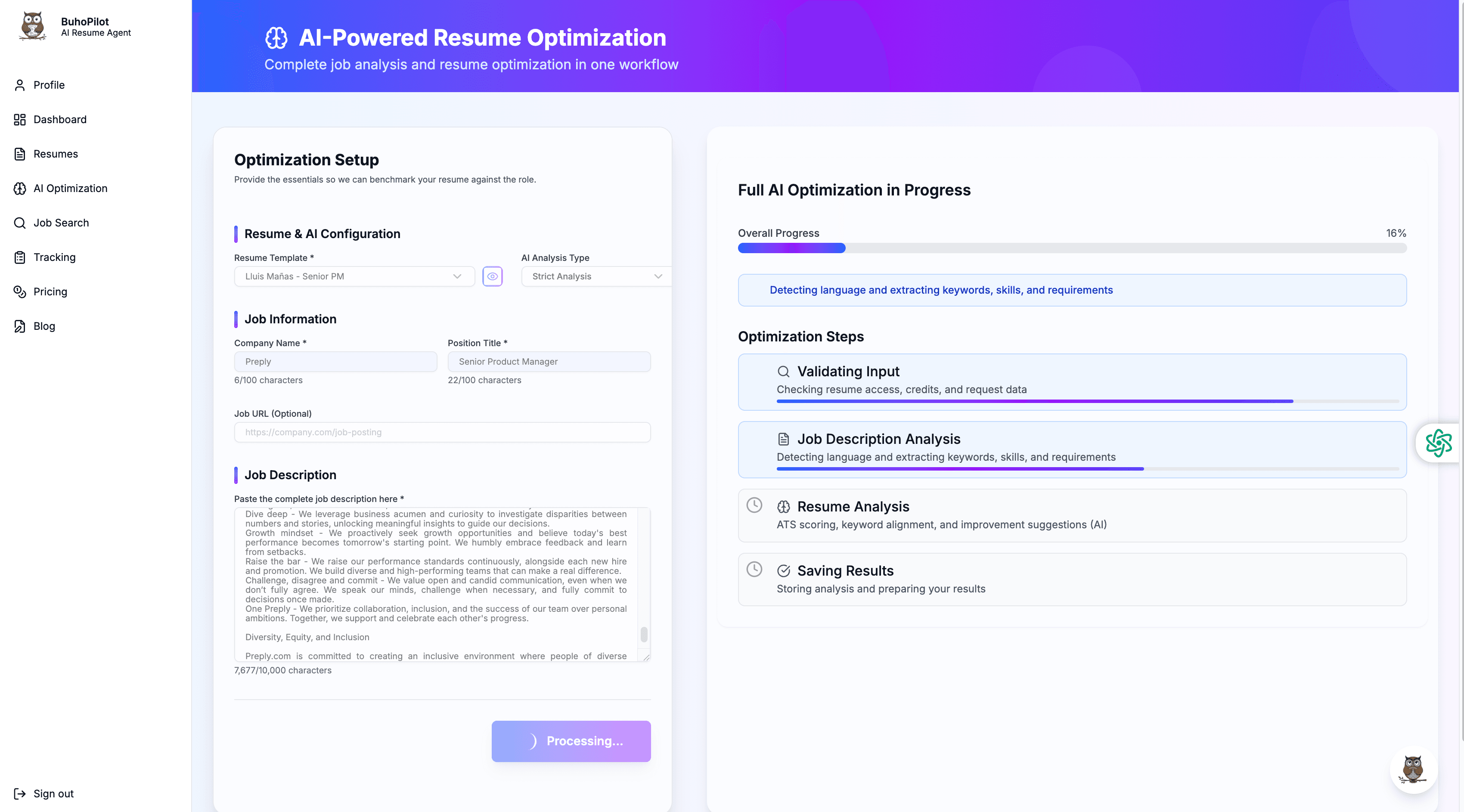 BuhoPilot dashboard showing the AI-assisted job application workflow