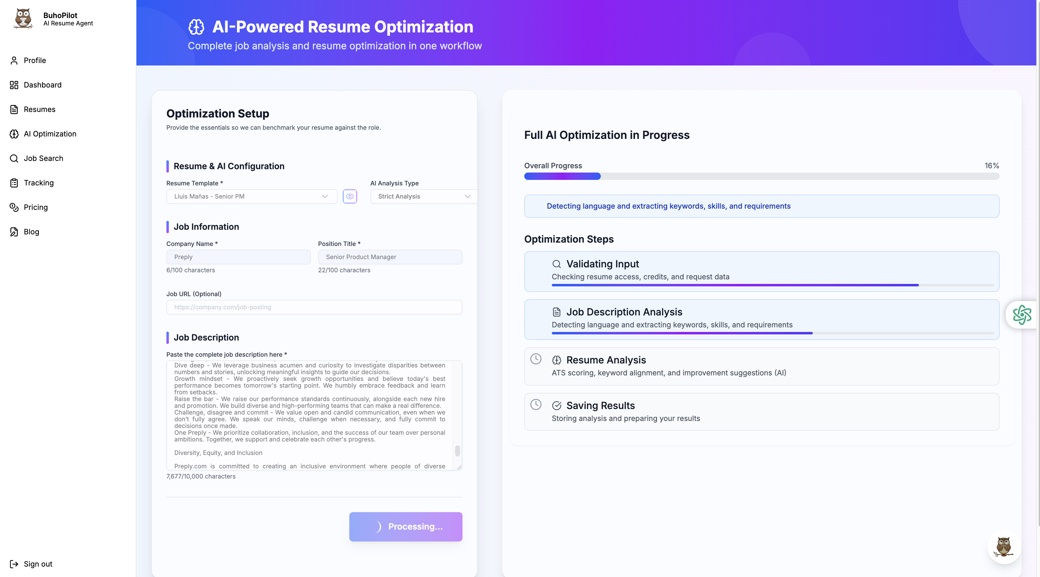 BuhoPilot full resume optimization and job description matching analysis
