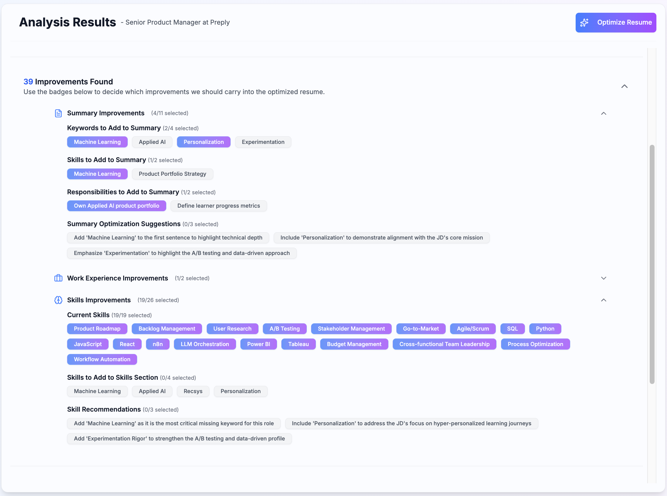 AI job description analysis showing fit score and improvement recommendations