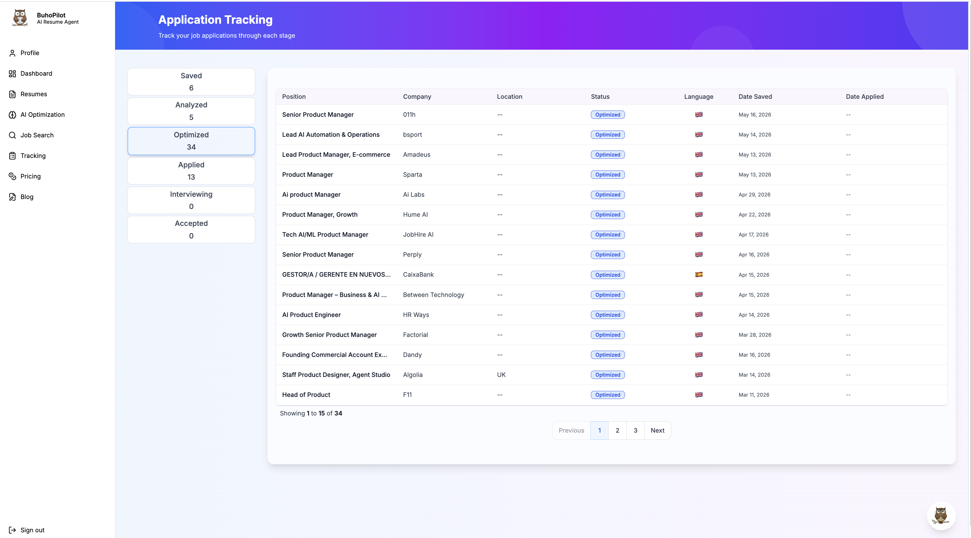 Application tracking pipeline in BuhoPilot showing job stages from saved to interviewing